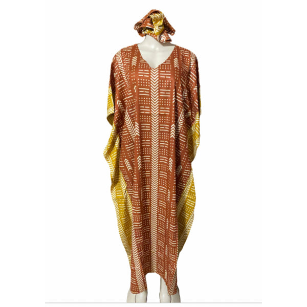 Kaftan - Mud Cloth Print with matching head wrap – Afrocentric Boutique