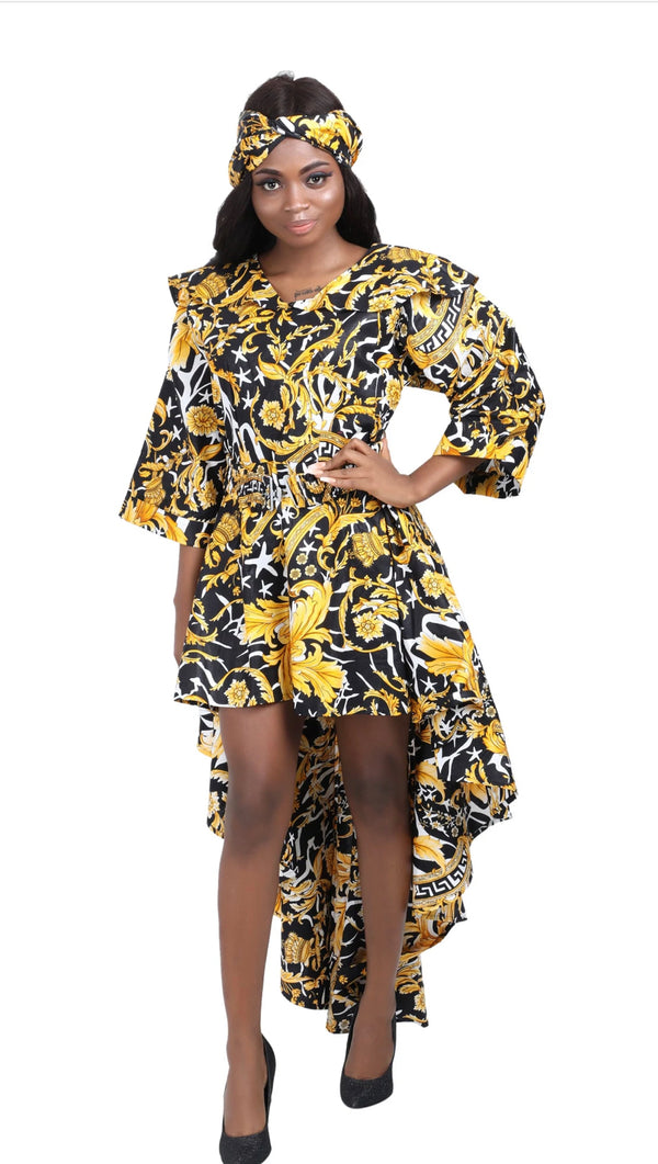 Dress - Hi/Lo Mini Dress with Belle Sleeves, head wrap and belt