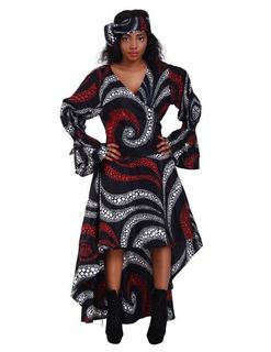 Ruffle Sleeve Ankara Hi/Lo Wrap Dress- Patchwork - Afrocentric Boutique